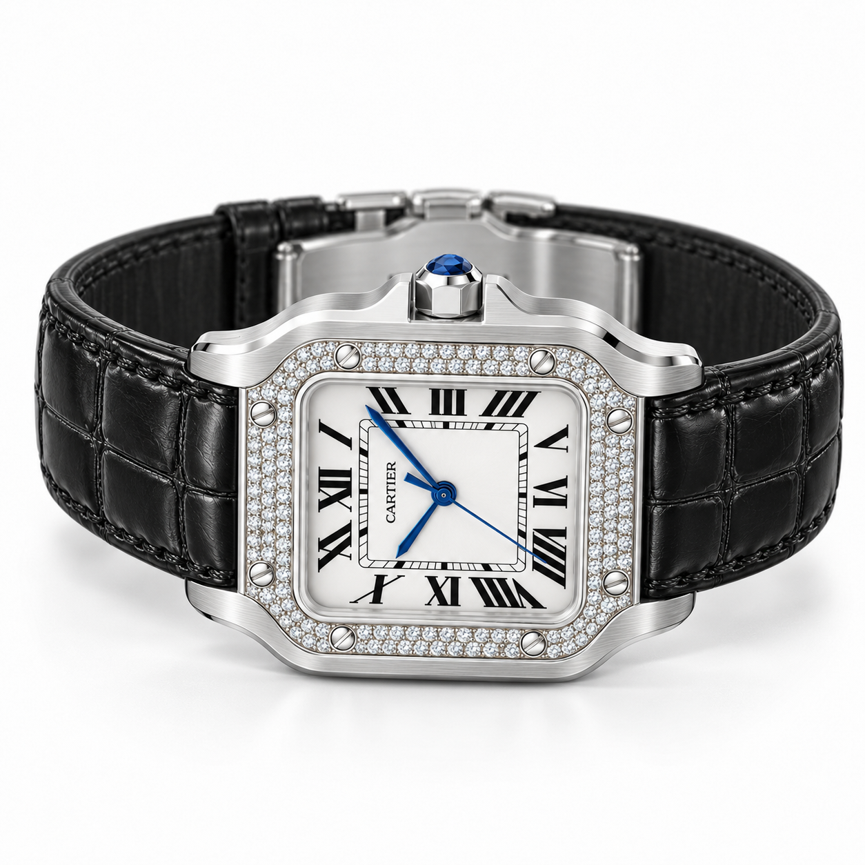 Santos de Cartier pavé bezel watch with black crocodile strap, resting on its side