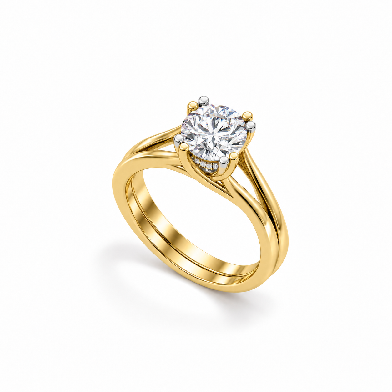 Confluence Solitaire Ring in yellow gold, upright three-quarter view showing interlaced bands and paired prongs