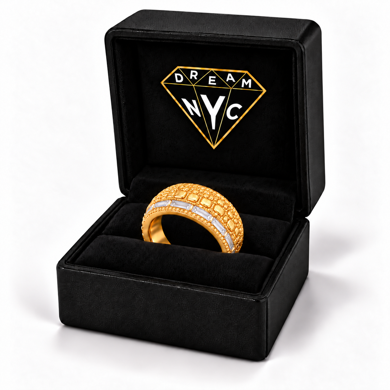 Gator Gold Band displayed in a black DREAM NYC ring box