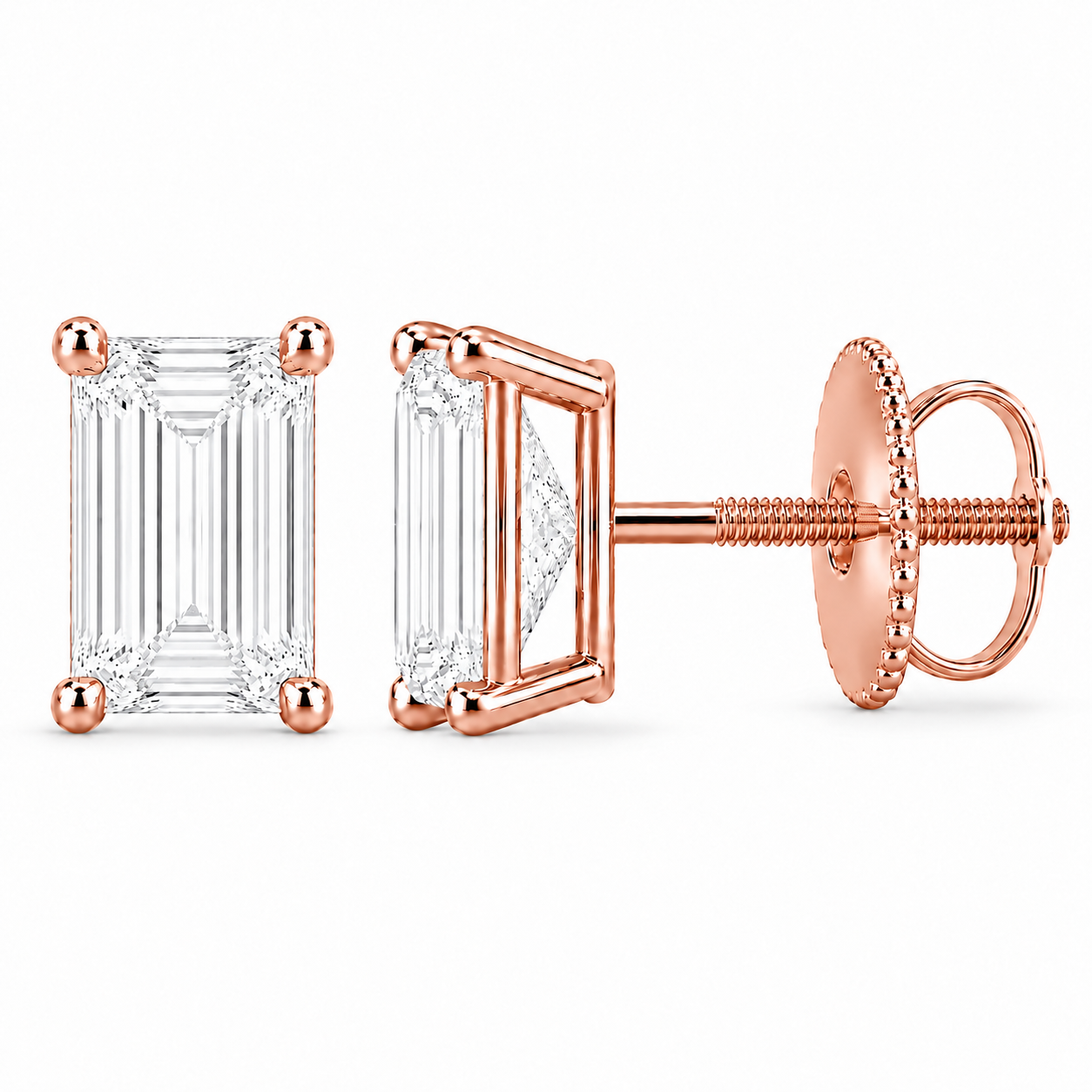 Cadence Emerald-Cut Studs in rose gold, default front and side views