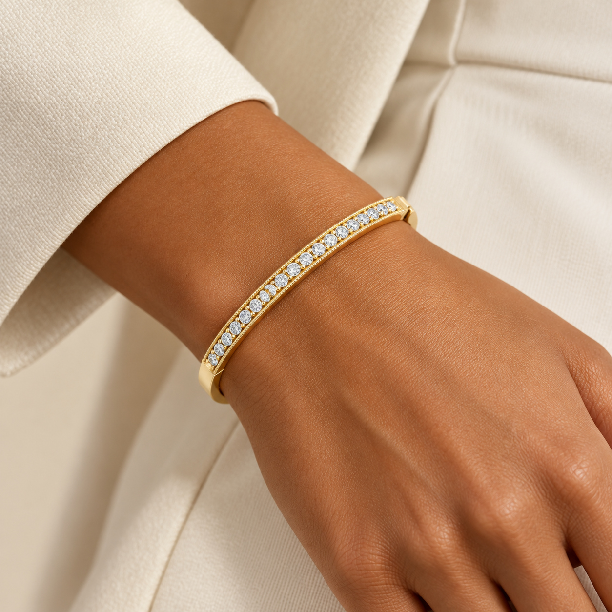 Milgrain Diamond Bangle worn on a wrist, styling concept.