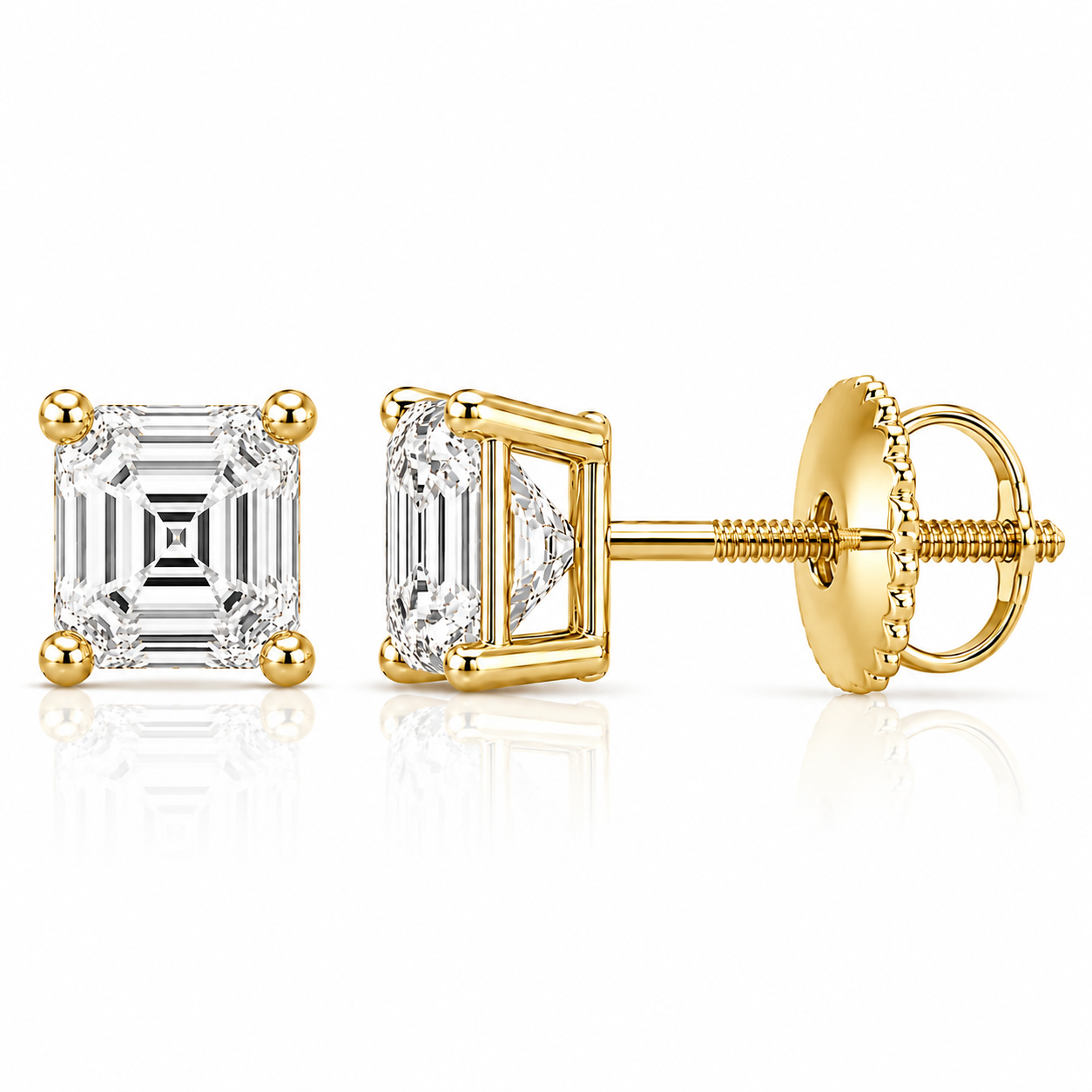 Octave Step-Cut Studs in yellow gold, default front and side views with the closure