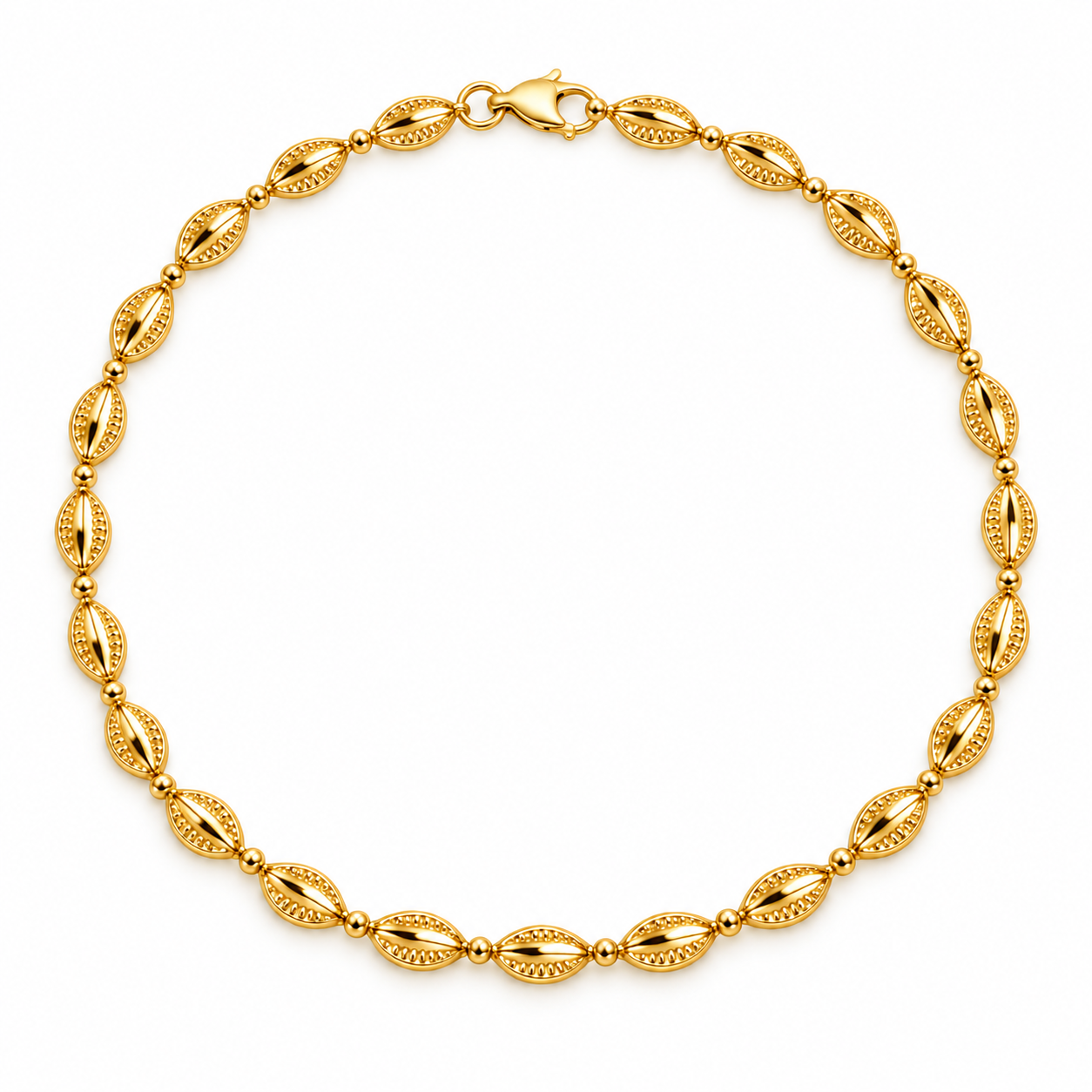 Golden Cowrie Necklace in yellow gold, laid in a full circle with a lobster clasp.