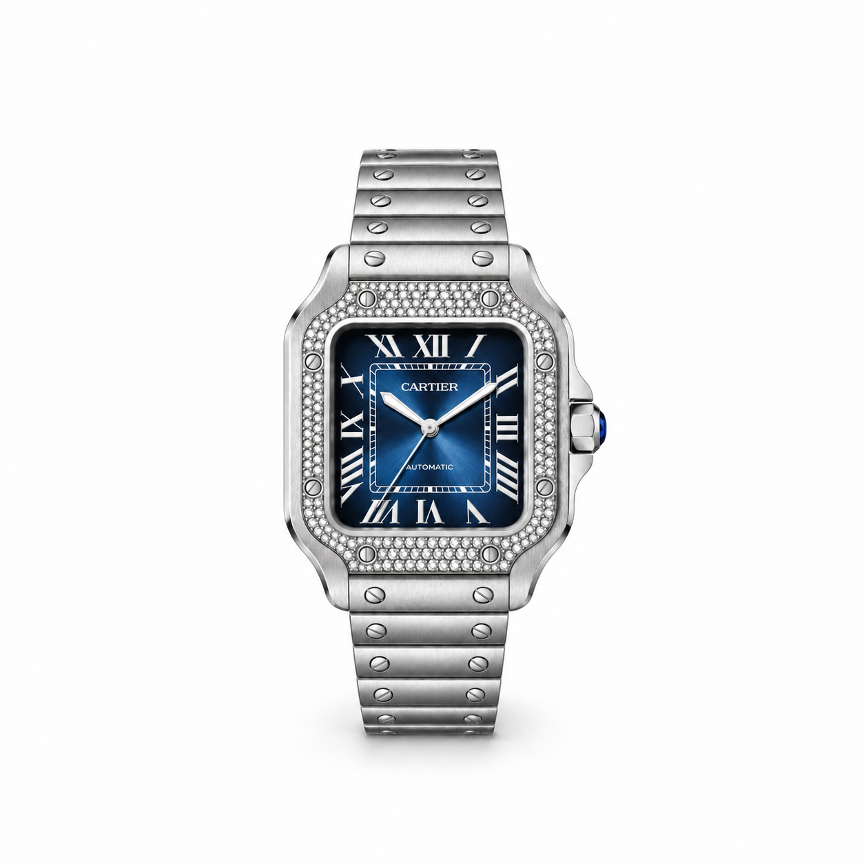Santos de Cartier pavé watch with blue dial and steel bracelet, front view