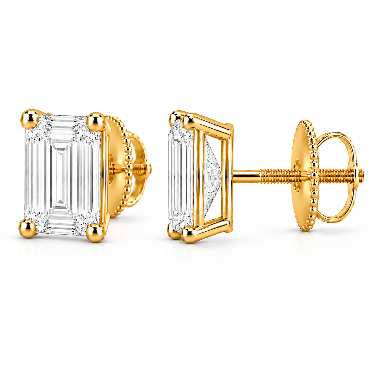 Cadence Emerald-Cut Studs in yellow gold, alternate angle showing the stone face, setting, post and closure