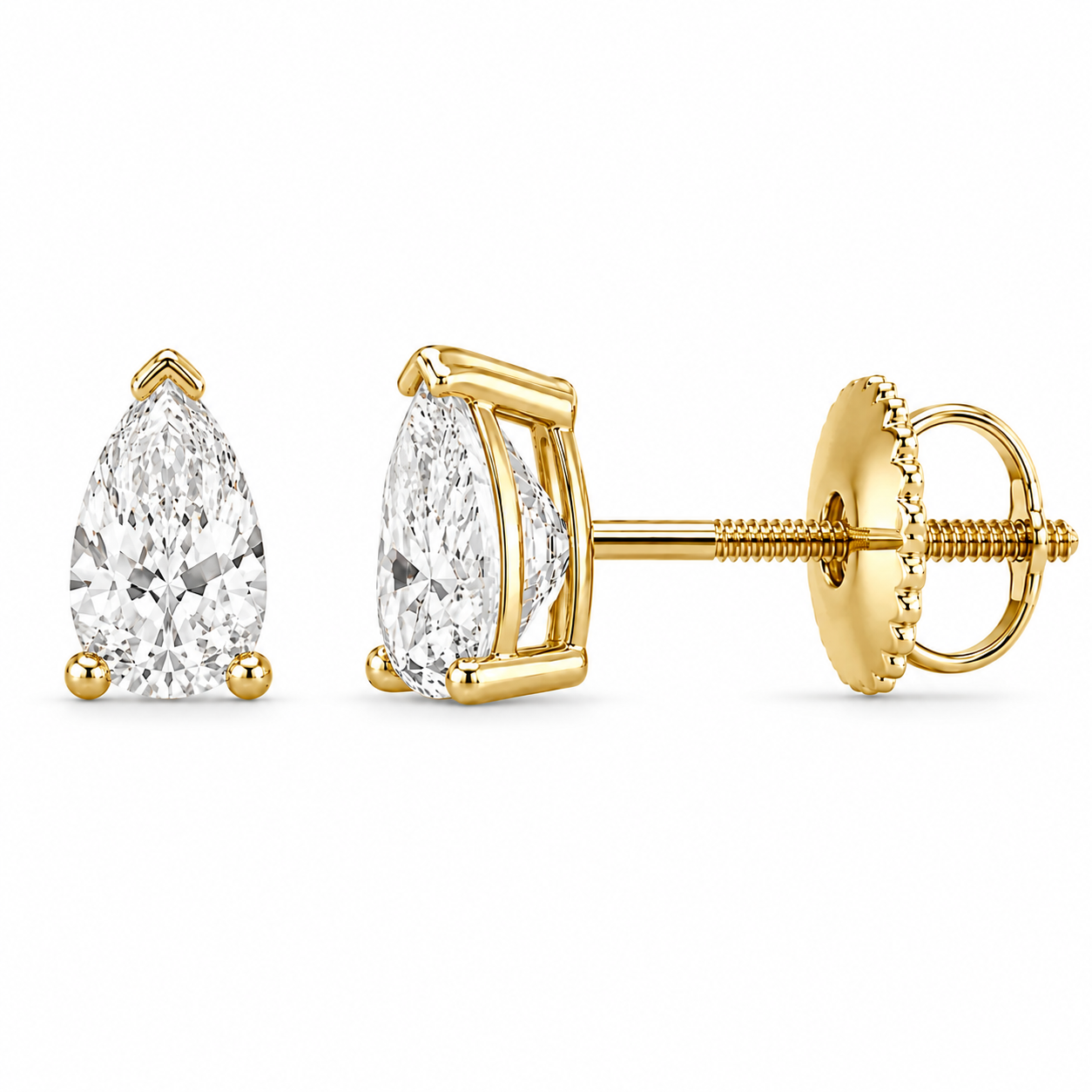 Luma Pear Studs in yellow gold, default front and side views with the closure