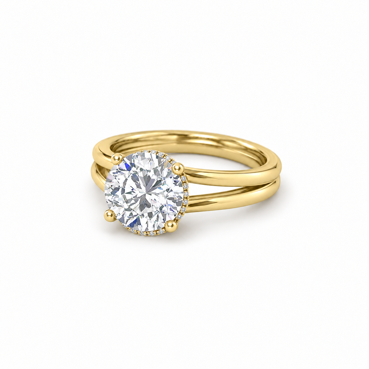 Vela Hidden Halo Ring in yellow gold, flat angled view.