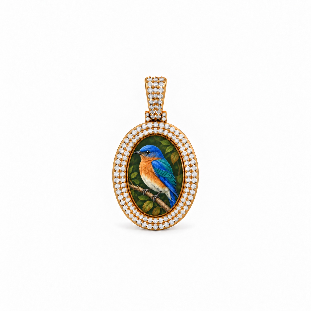 Oval Double Row Pavé Picture Pendant with a painted bluebird on a branch