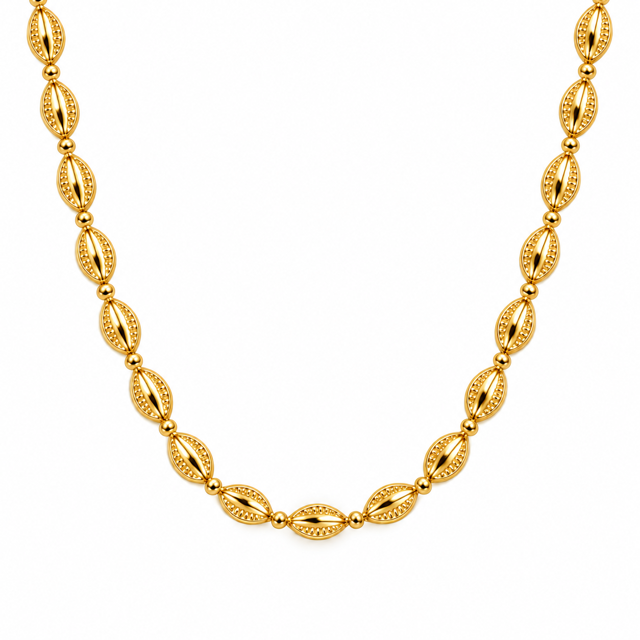 Golden Cowrie Necklace in yellow gold, hanging in a softly rounded V.