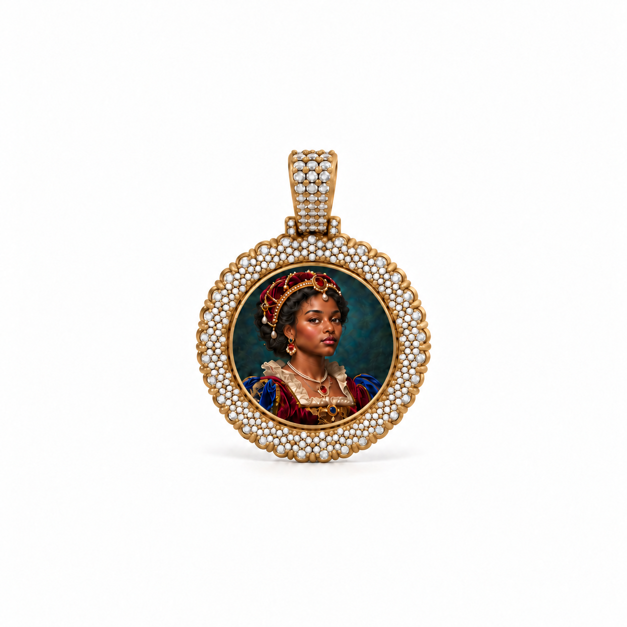 Flower Cluster Picture Pendant with a painted portrait of a woman in regalia