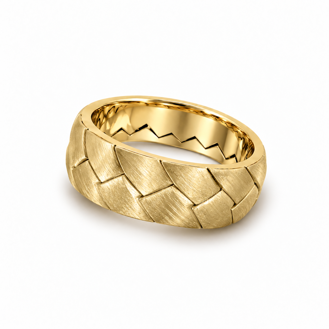 Facet Weave Band in yellow gold, flat angled view with polished interior.