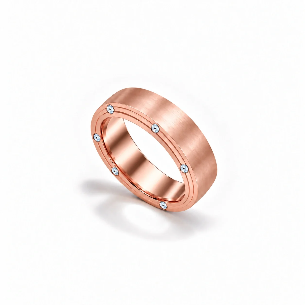 Meridian Diamond Band in rose gold, upright three-quarter view
