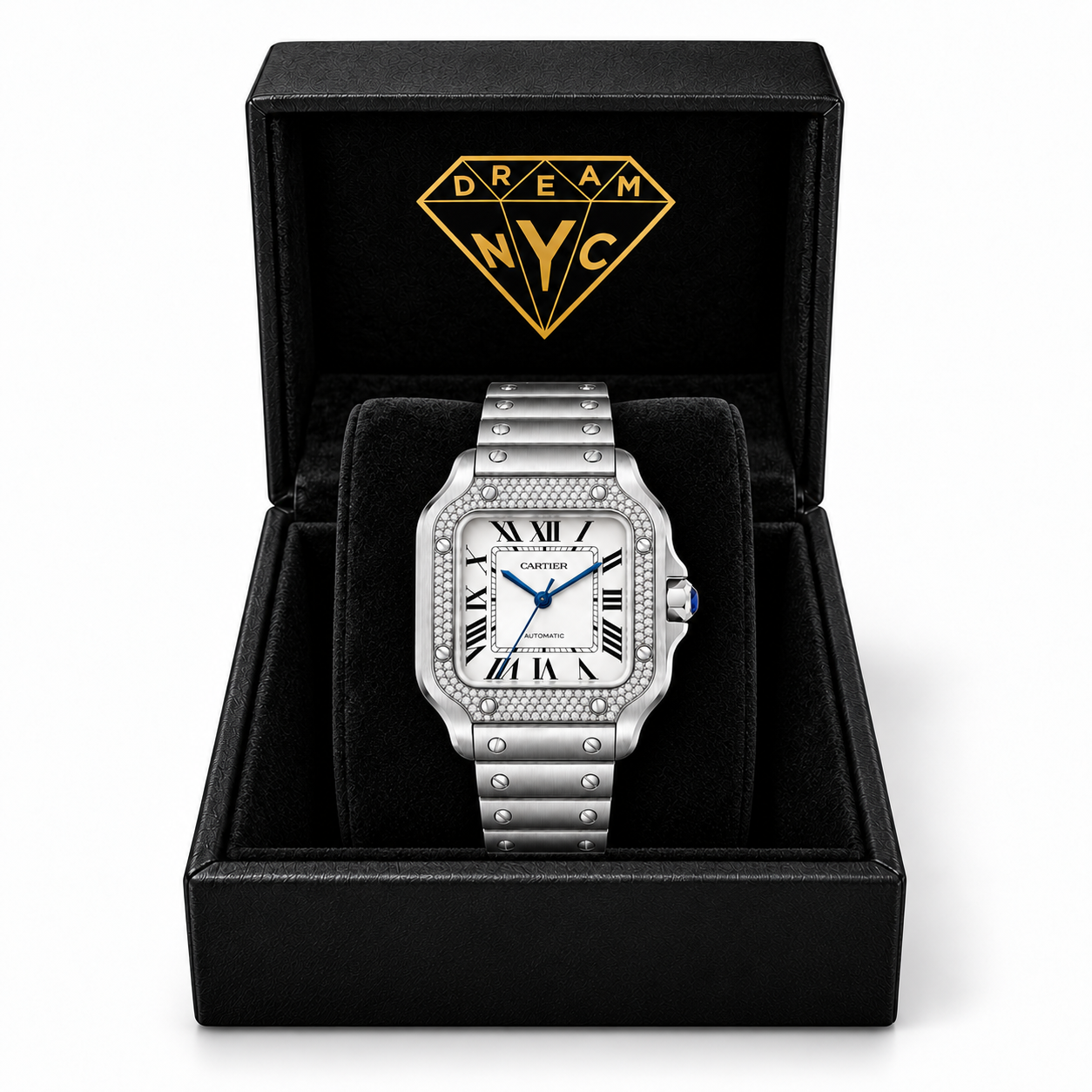 Santos de Cartier pavé bezel watch in a black DREAM NYC gift box