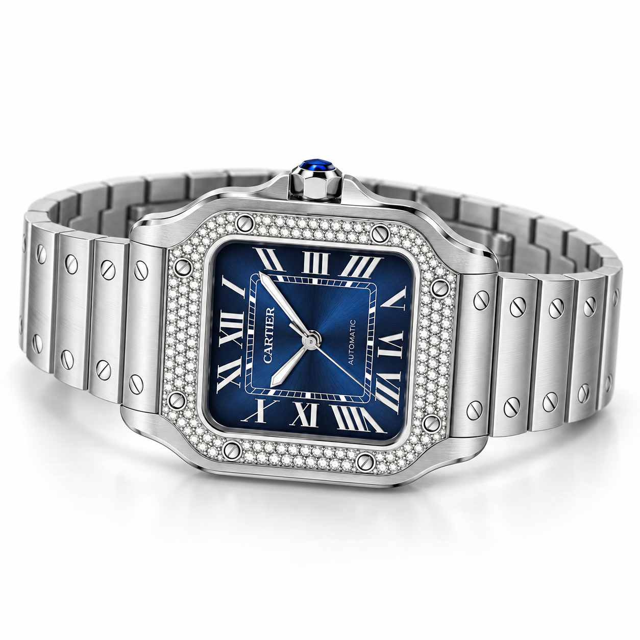 Santos de Cartier pavé Azul watch with steel bracelet, resting on its side