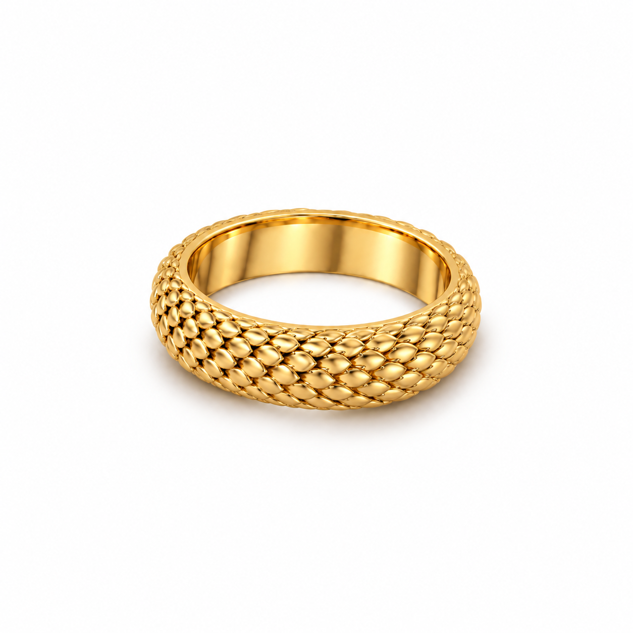 Dragon Scale Band in yellow gold, lying flat at a slight top angle