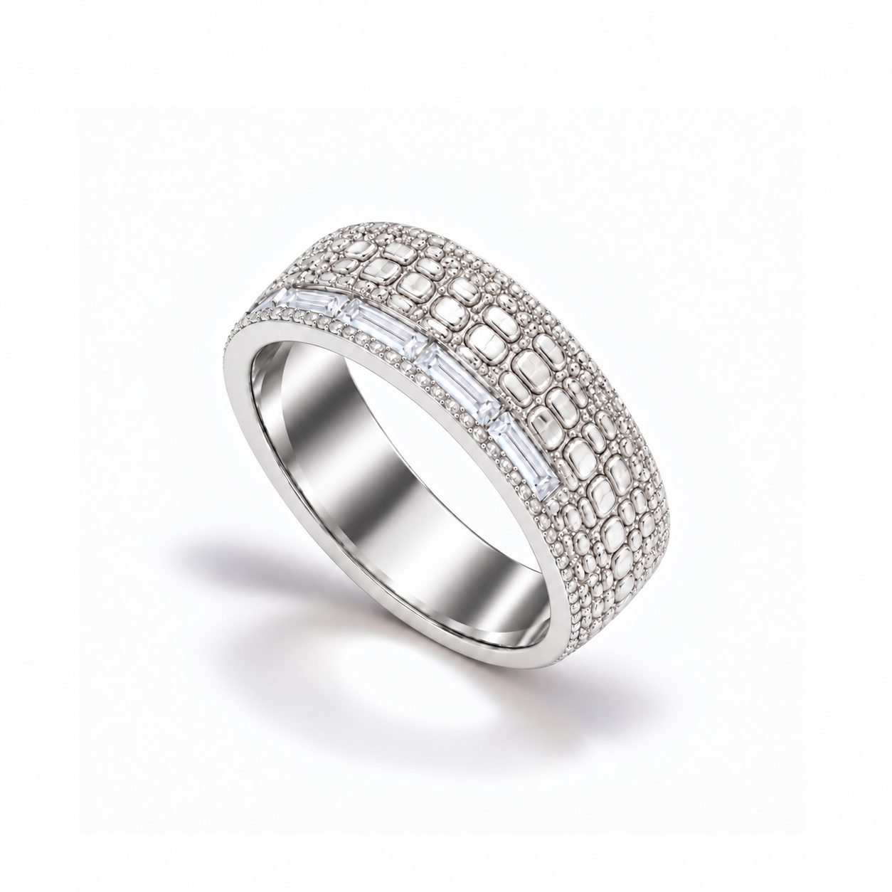 Gator Gold Band in white gold with clear baguette stones, upright three-quarter view