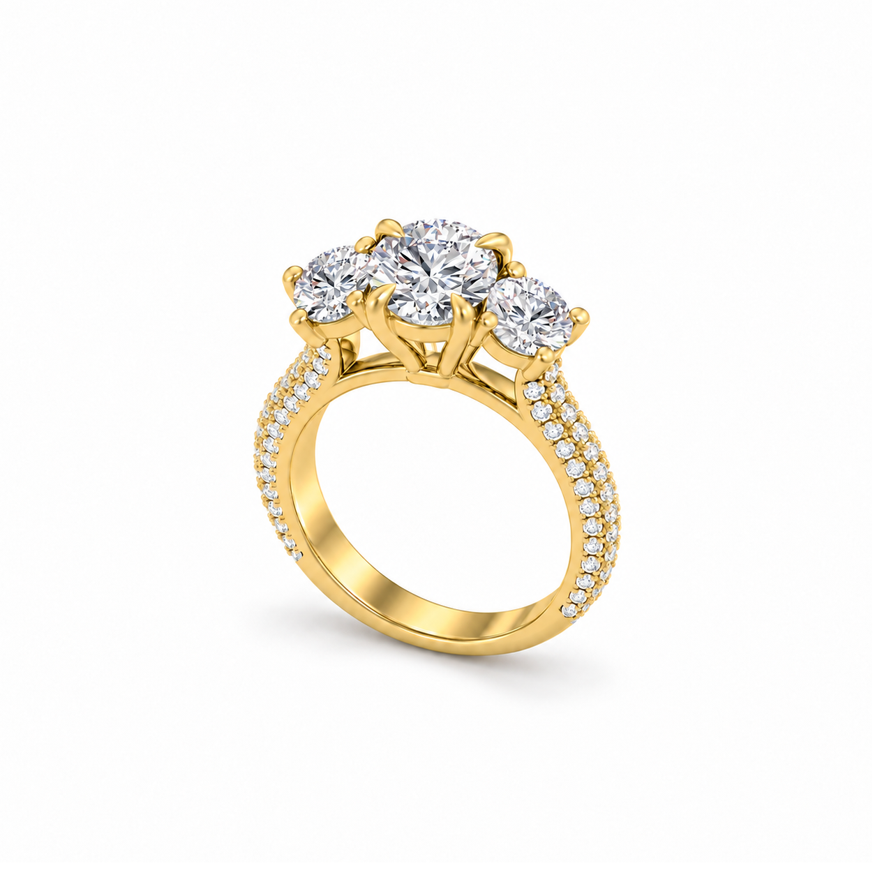Trilogy Pavé Ring in yellow gold, upright three-quarter view