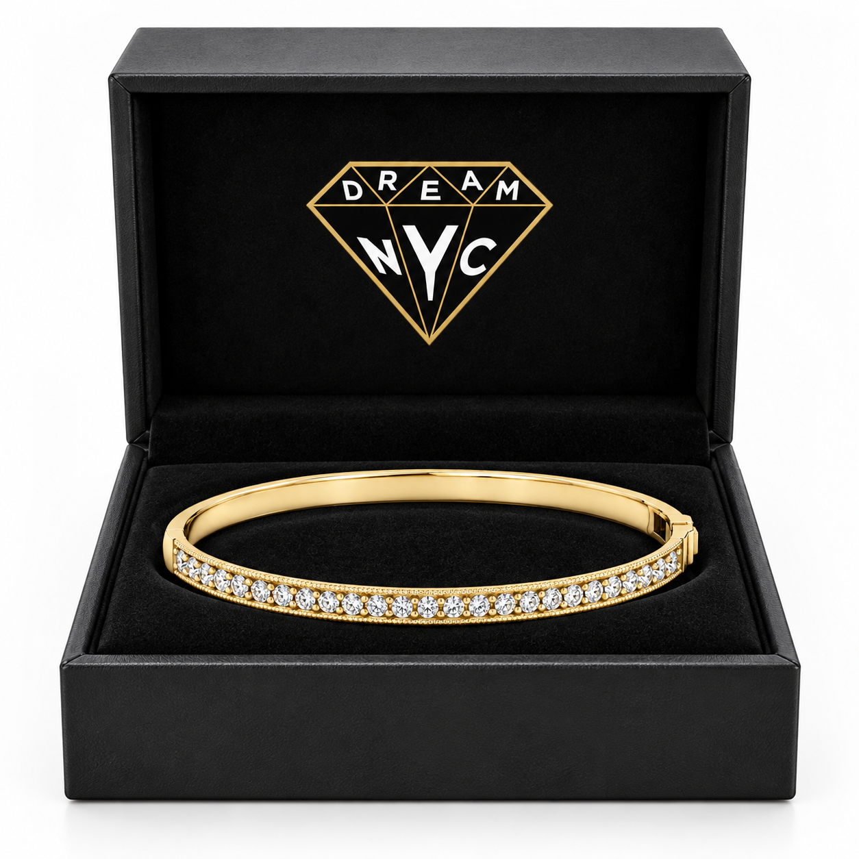 Milgrain Diamond Bangle in a DREAM NYC jewelry box, packaging concept.
