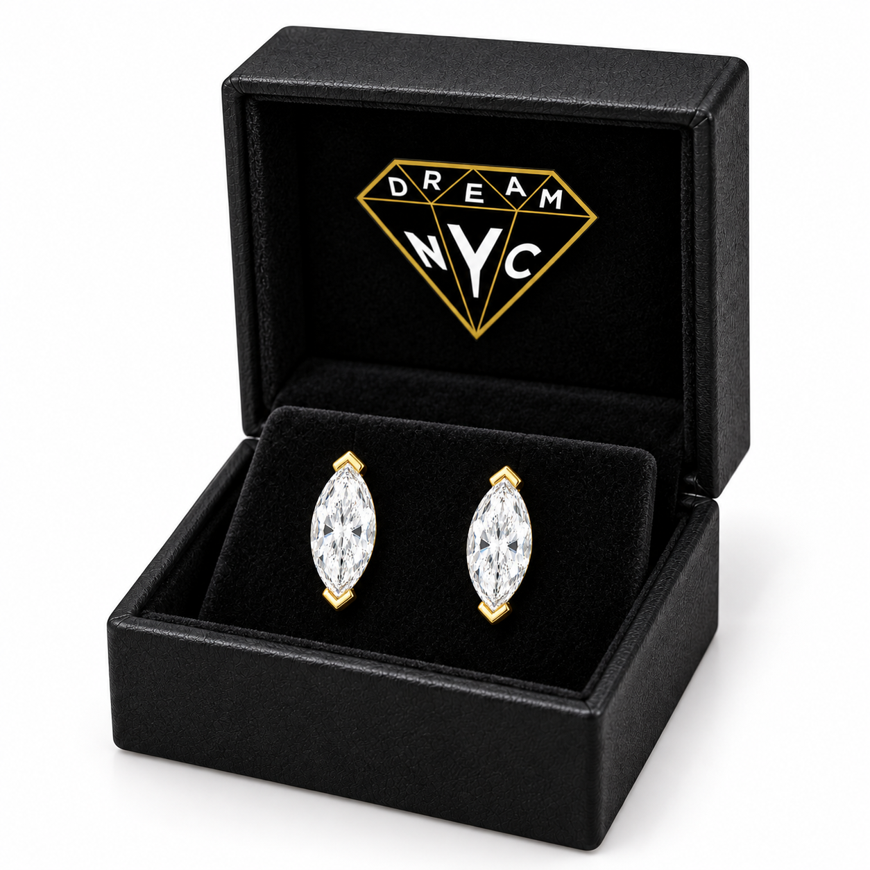 Vela Marquise Studs in a black DREAM NYC jewelry box with the diamond logo, packaging concept