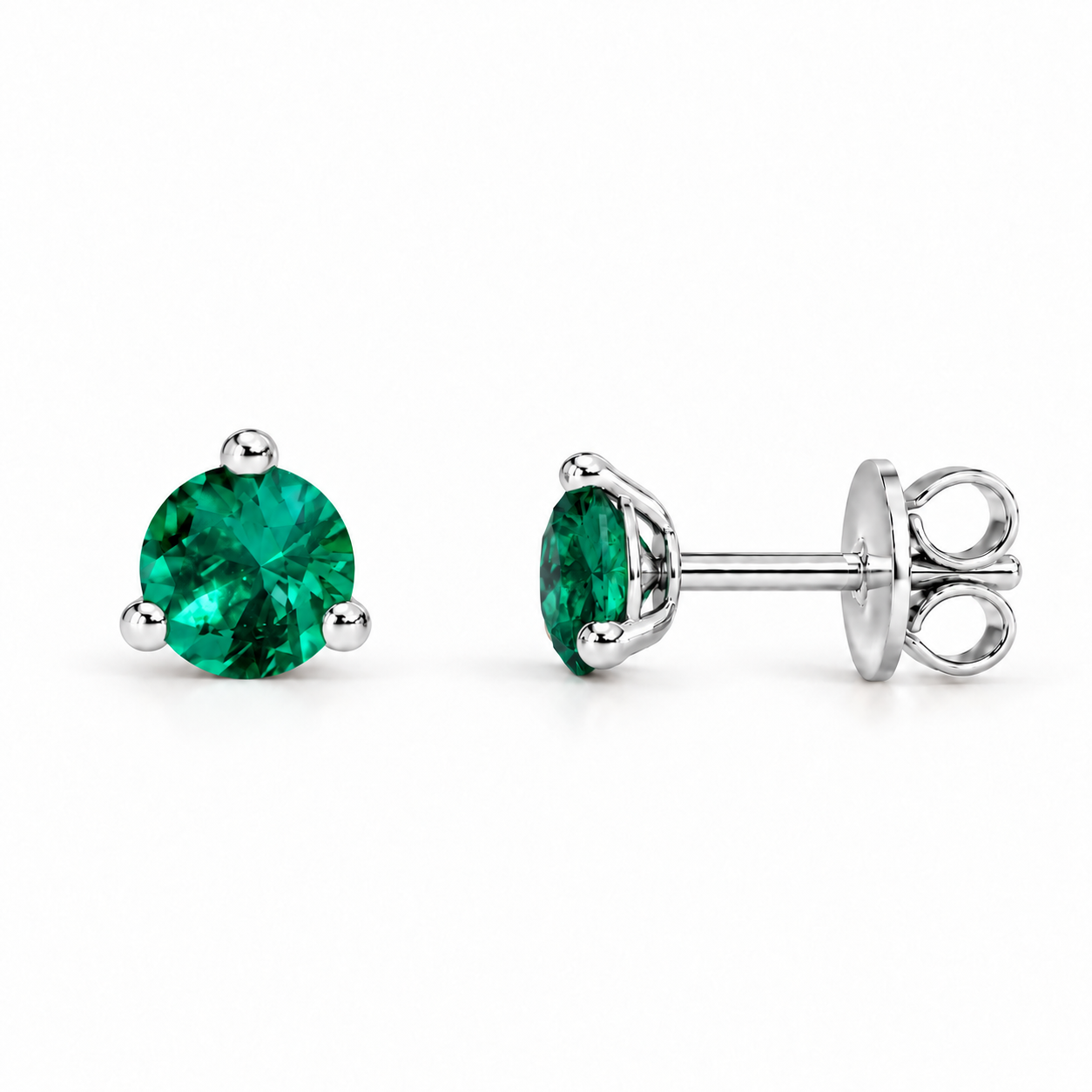 Verdant Round studs in a white-colour metal visualization, shown face-on and in side profile with butterfly back.