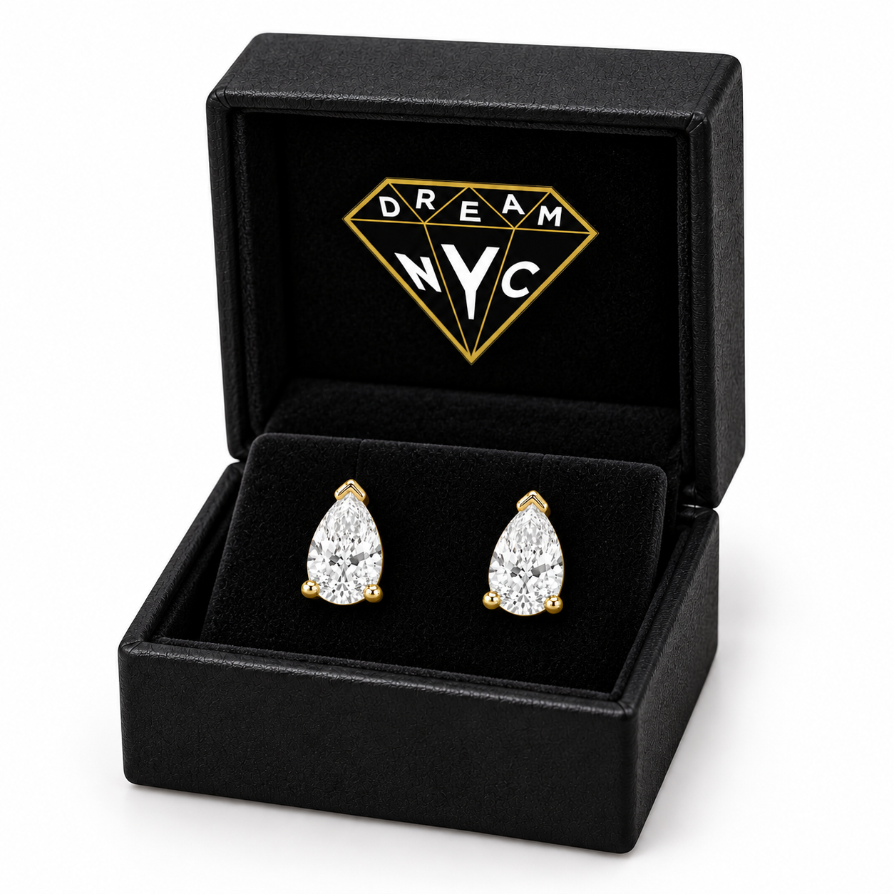 Luma Pear Studs in a black DREAM NYC jewelry box with the diamond logo, packaging concept