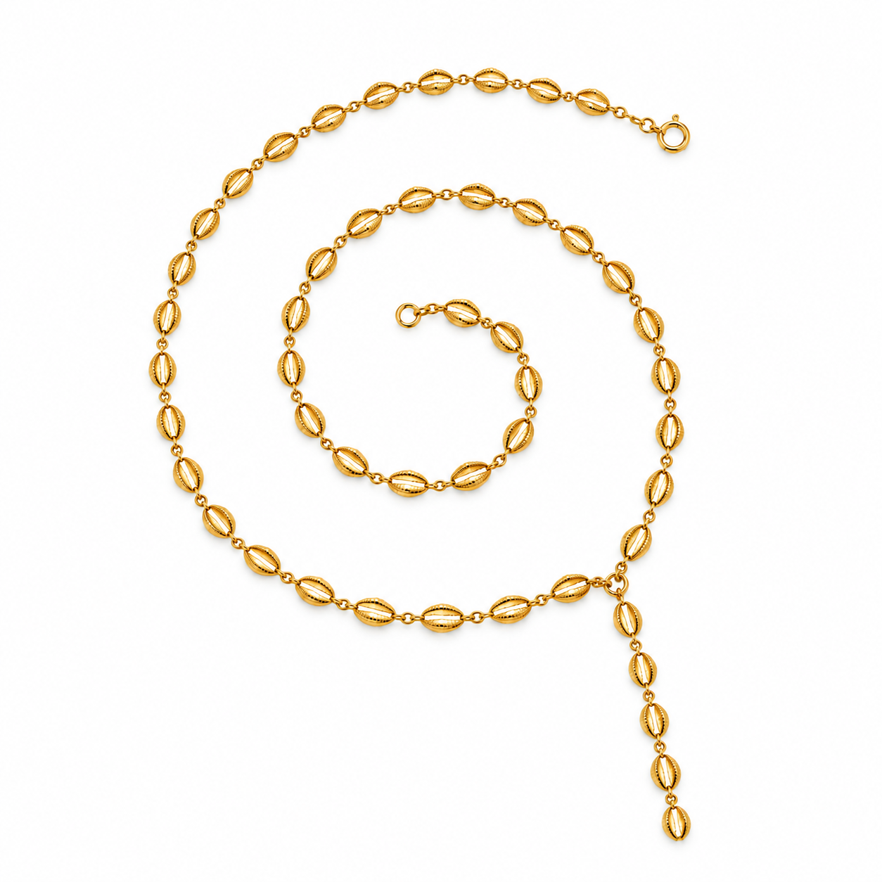 Tidal Cowrie Y Necklace in gold tone, arranged in a single open spiral with a five-link drop