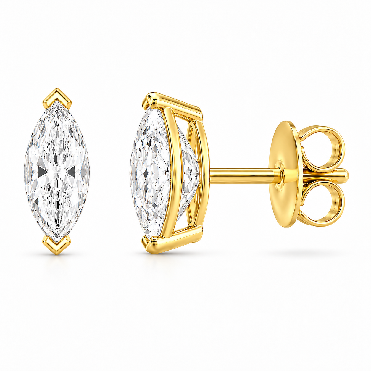Vela Marquise Studs in yellow gold, default front and side views with the closure