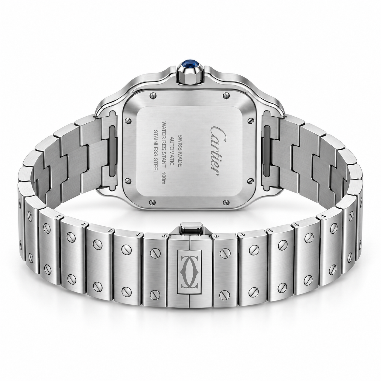 Santos de Cartier pavé watch with steel bracelet on its side, case back showing