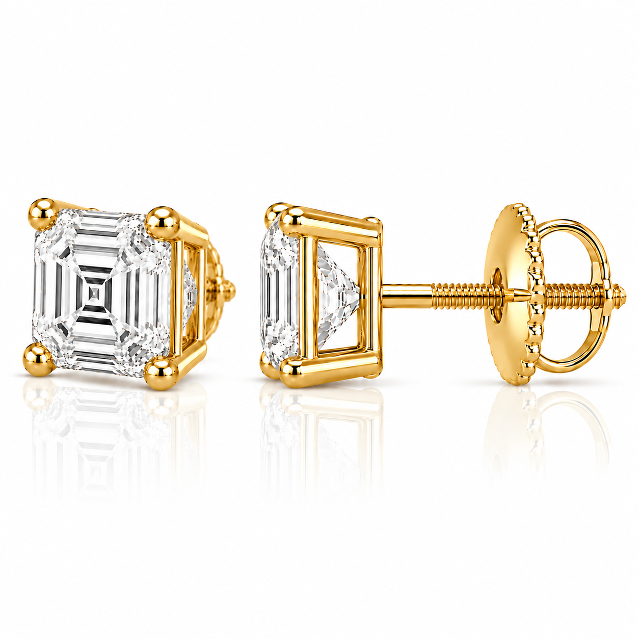 Octave Step-Cut Studs in yellow gold, alternate angle showing the stone face, setting, post and closure