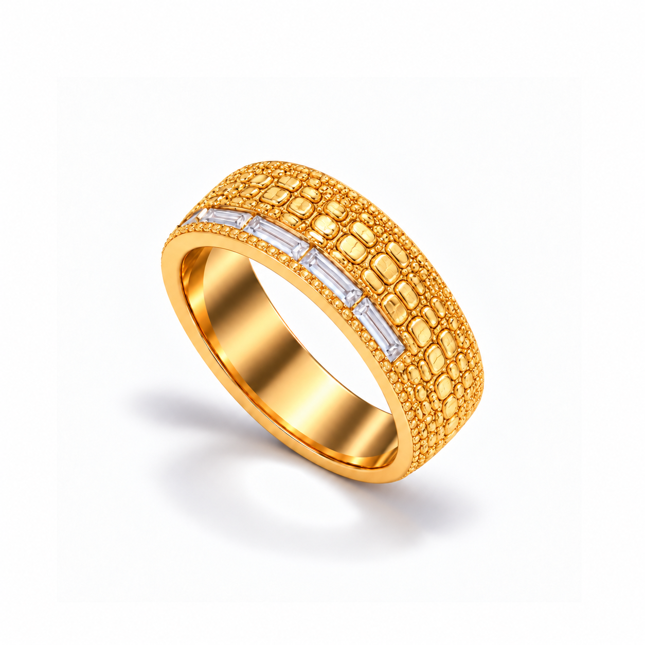 Gator Gold Band in yellow gold with clear baguette stones, upright three-quarter view