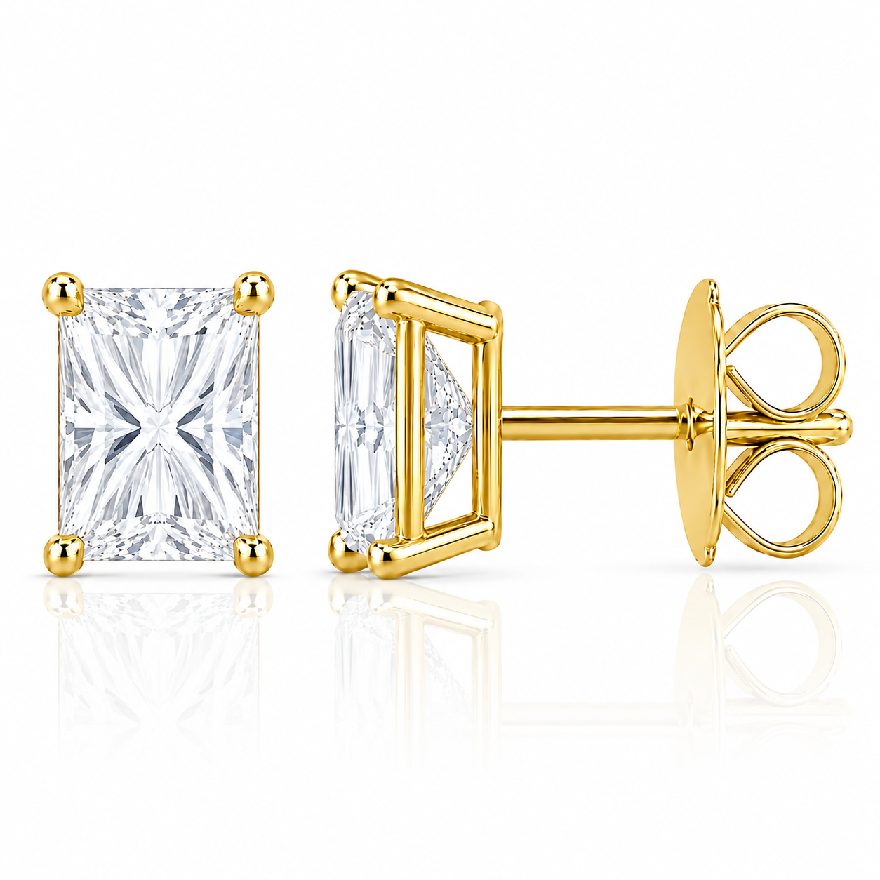 Prism Rectangular Studs in yellow gold, default front and side views with the closure