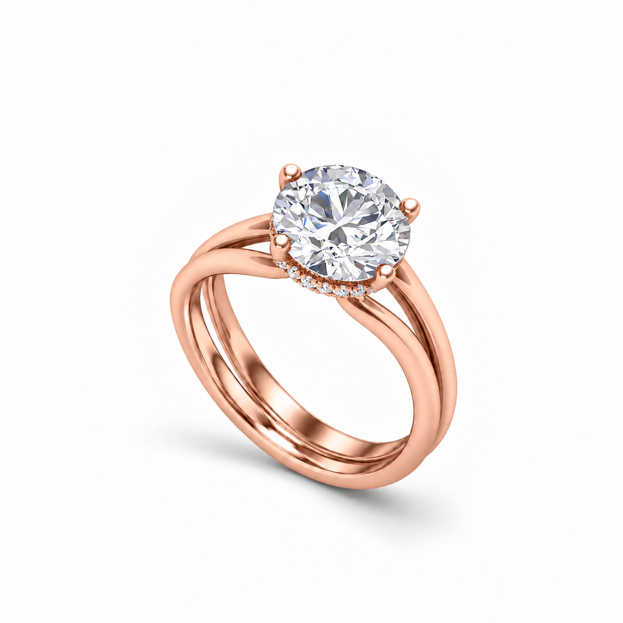 Vela Hidden Halo Ring in rose gold, upright three-quarter view.