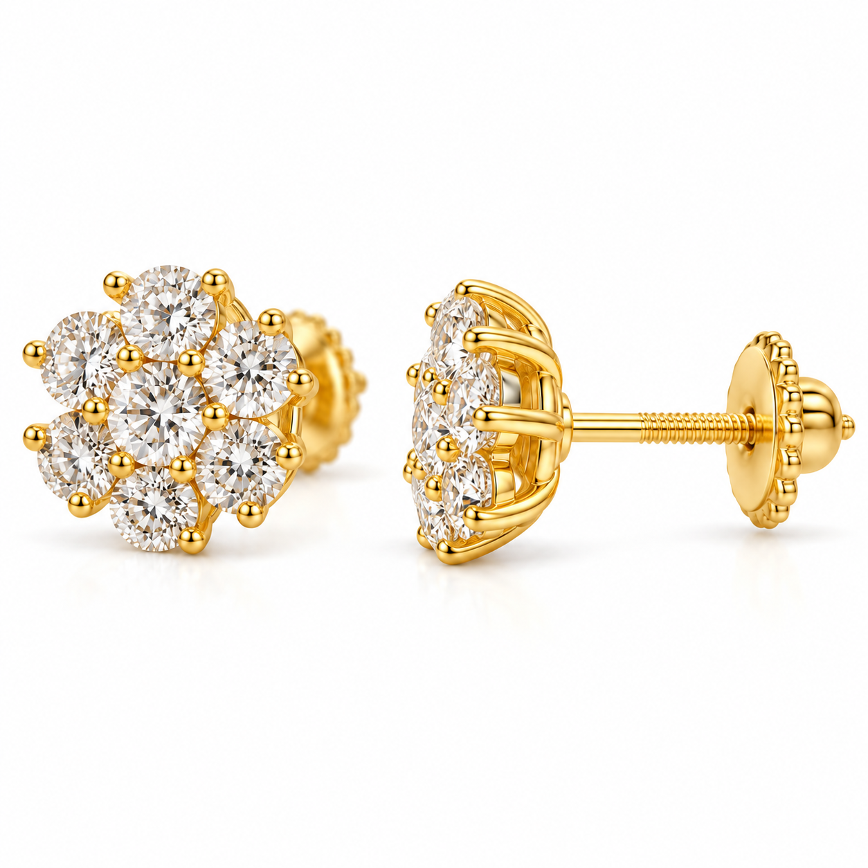 Flower Cluster Earrings in yellow gold, angled front and side profile