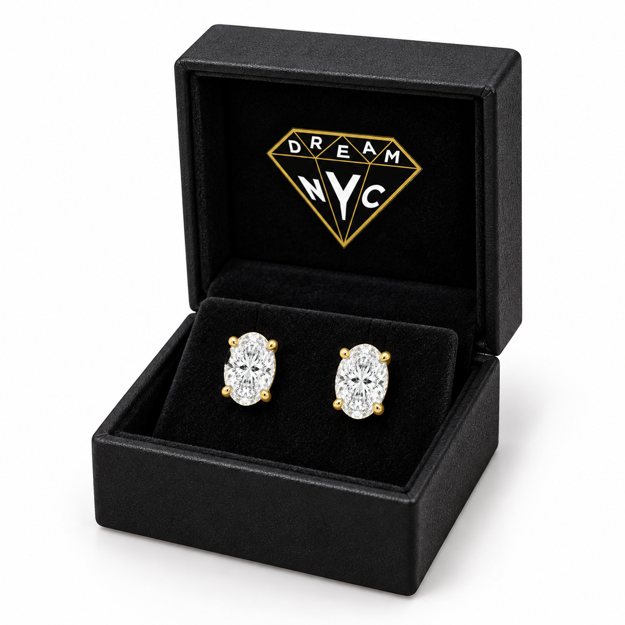 Ellipse Oval Studs in a DREAM NYC jewelry box, packaging concept.