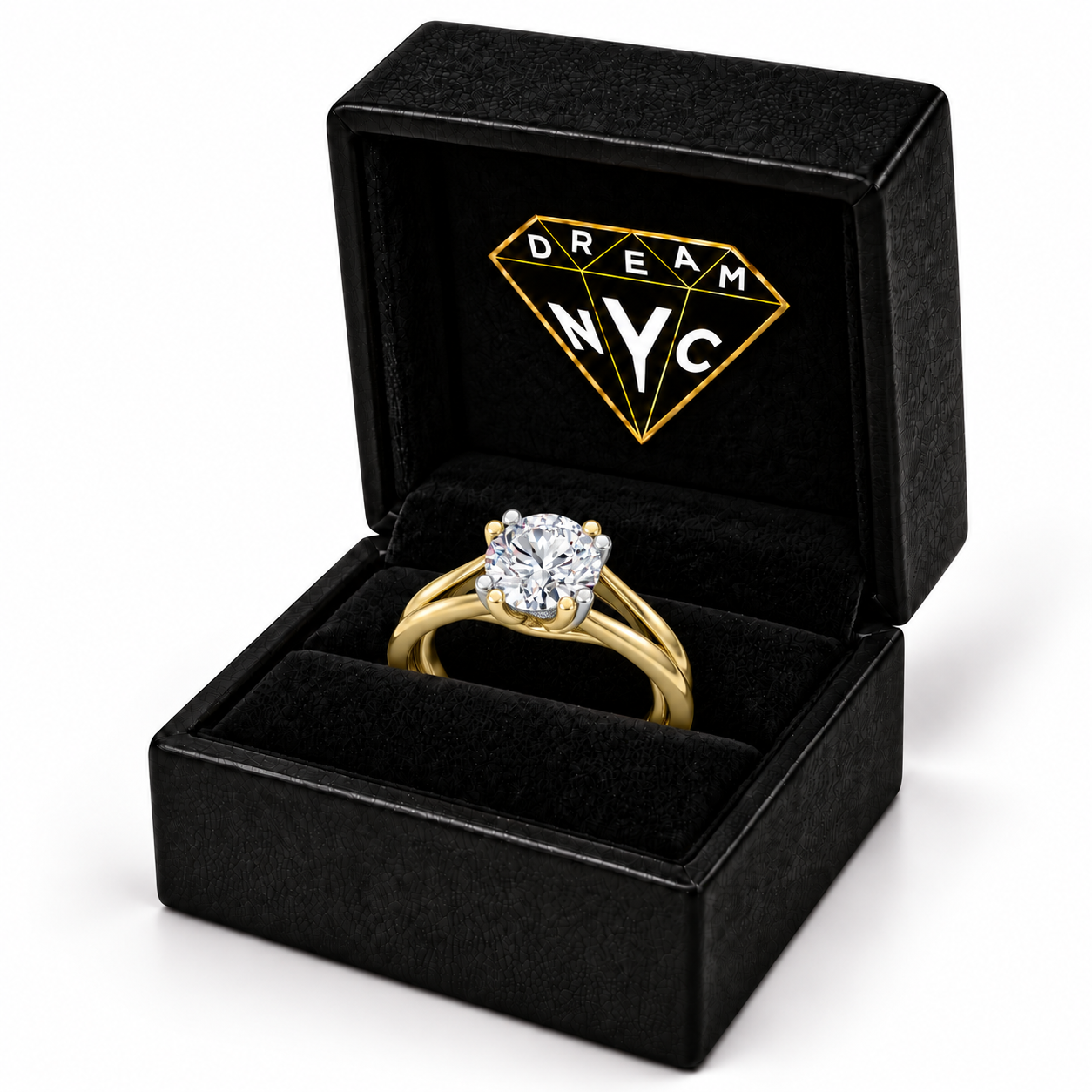 Yellow gold Confluence Solitaire Ring in a black DREAM NYC ring box, packaging concept