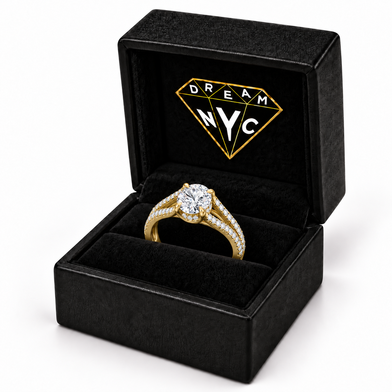 Duet Pavé Ring in a black DREAM NYC ring box, packaging concept.