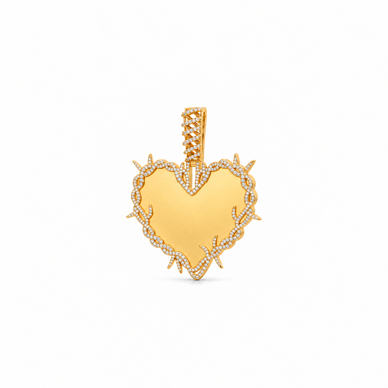 Rebel Heart Pendant in yellow gold, shown upright at a gentle angle with a stone-set thorn border and wrapped bail.