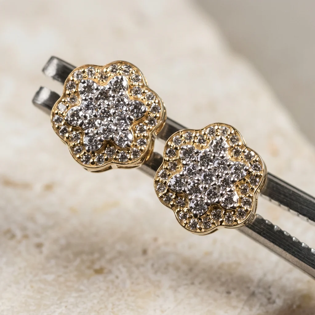Close-up of One Row Flower Cluster Earrings held in jeweler's tweezers