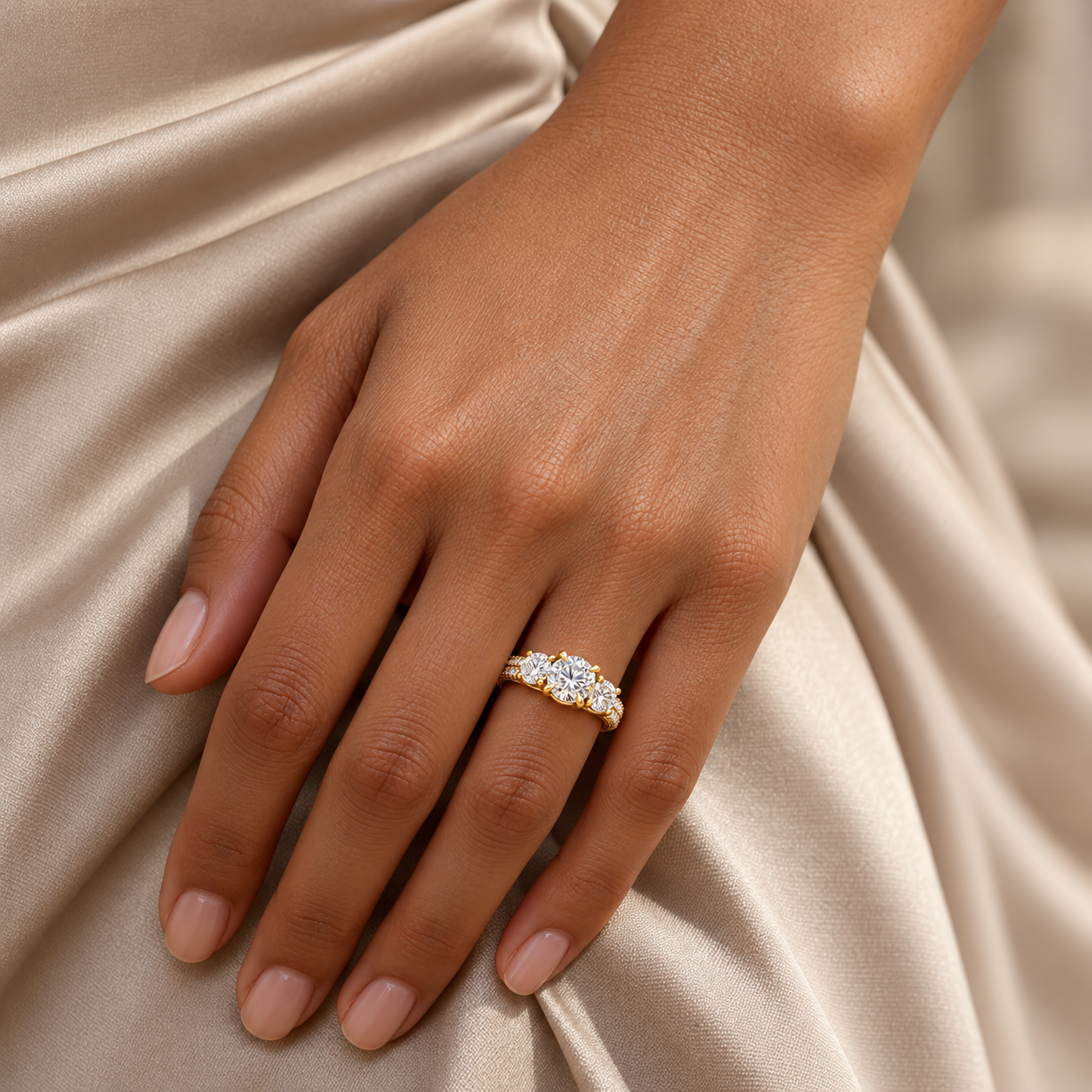 Trilogy Pavé Ring in yellow gold worn on a hand