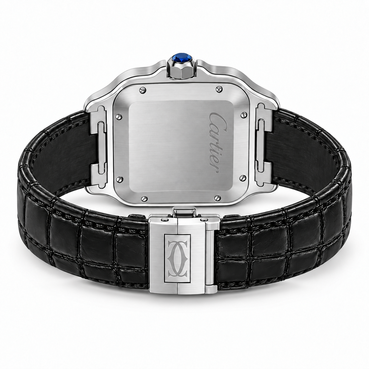 Santos de Cartier pavé watch with black crocodile strap on its side, case back showing
