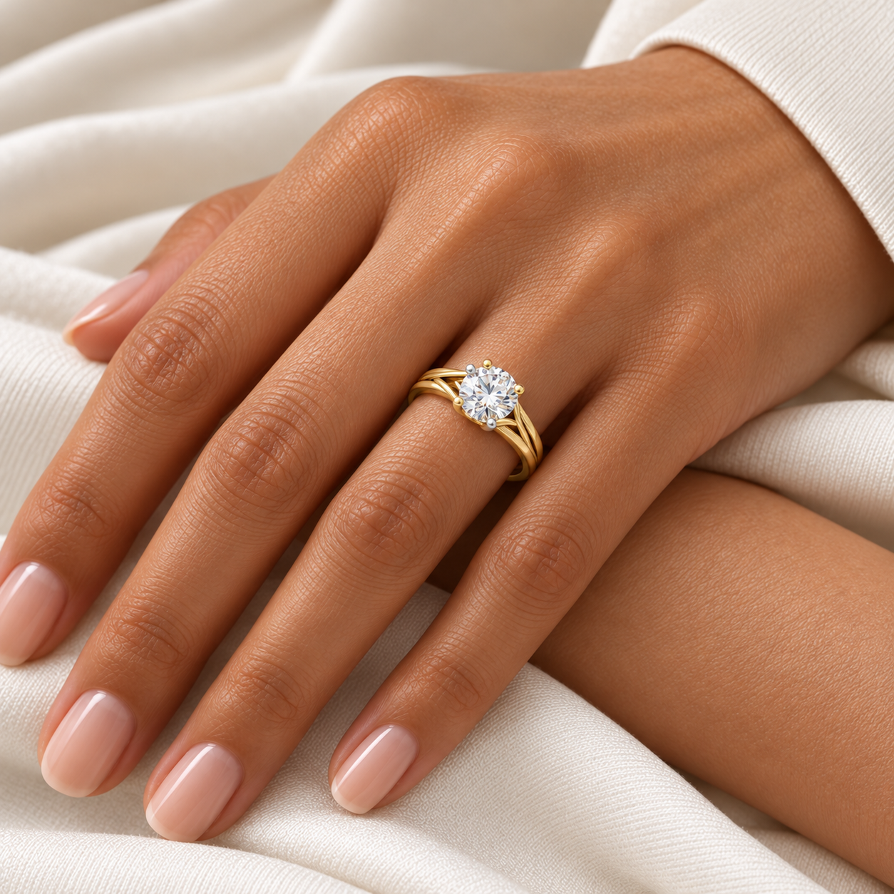 Woman wearing the yellow gold Confluence Solitaire Ring, styling concept