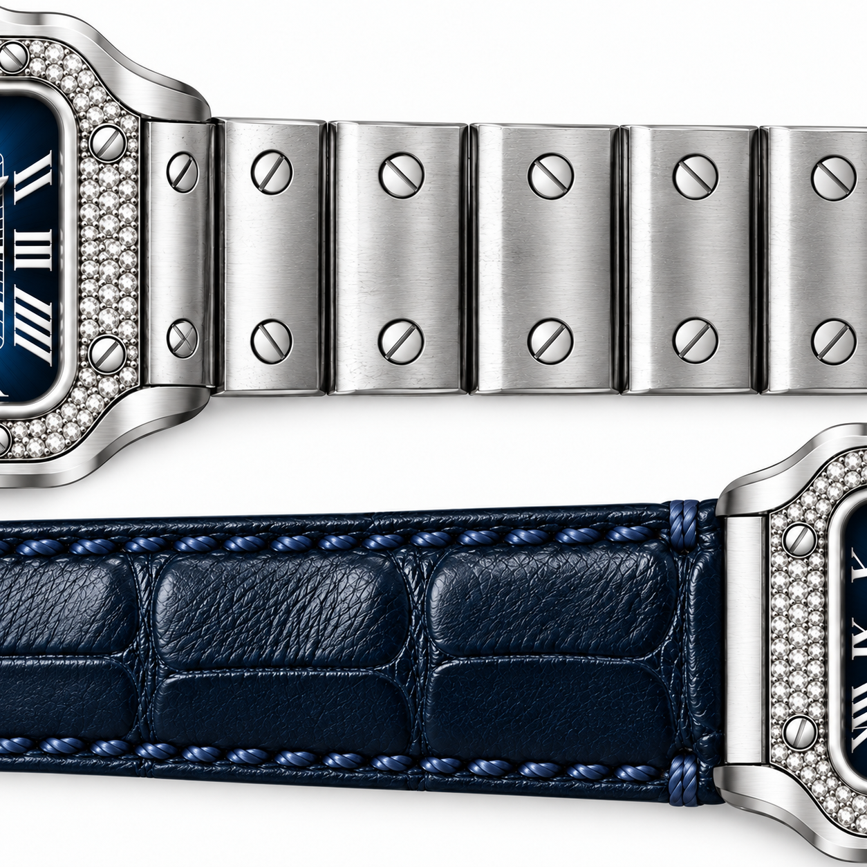 Close-up comparing the steel bracelet and navy leather strap of the pavé Azul Santos