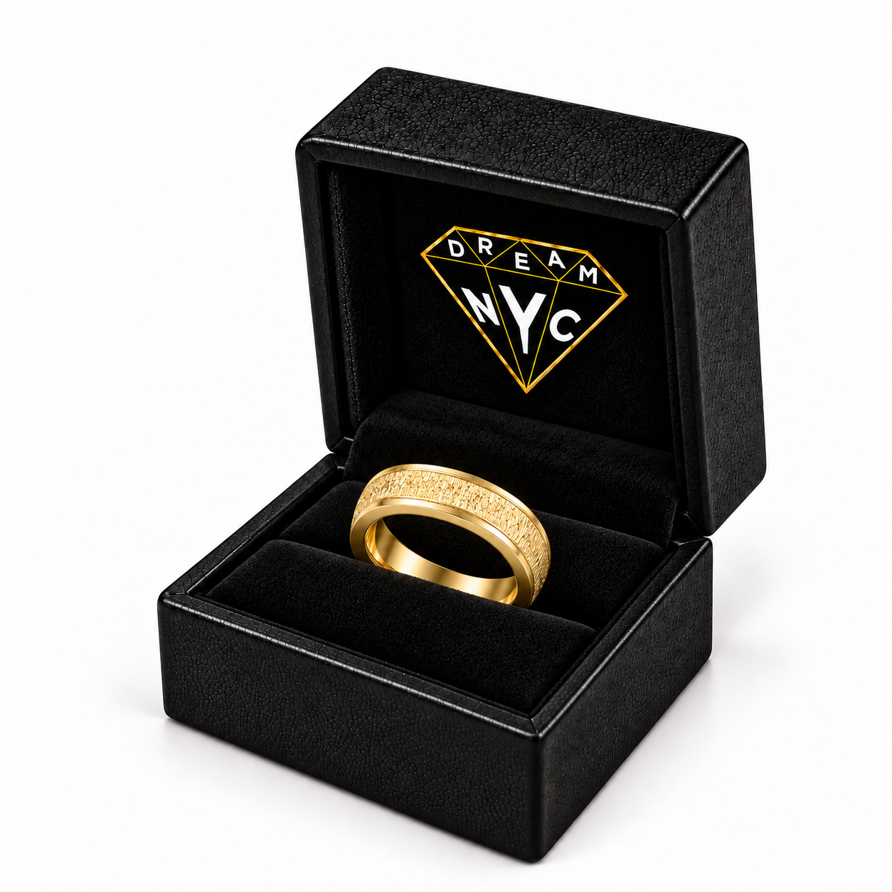Strata Square Band in a black DREAM NYC ring box, packaging concept
