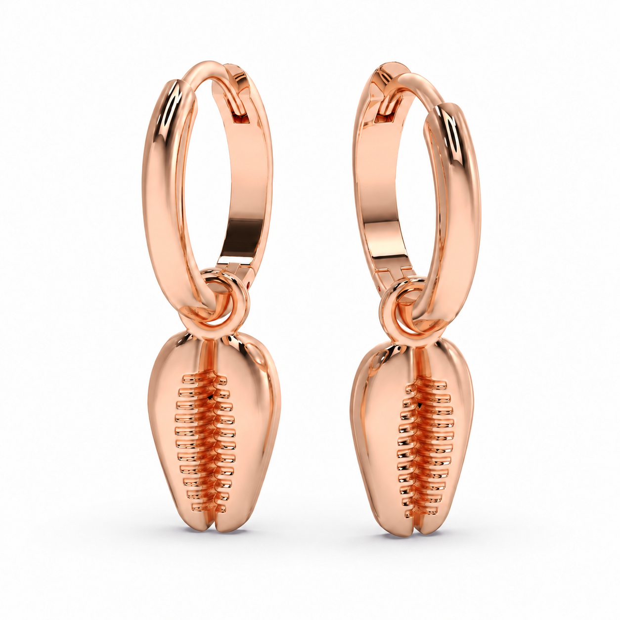 Tide Cowrie Hoops in rose gold, default front and side views