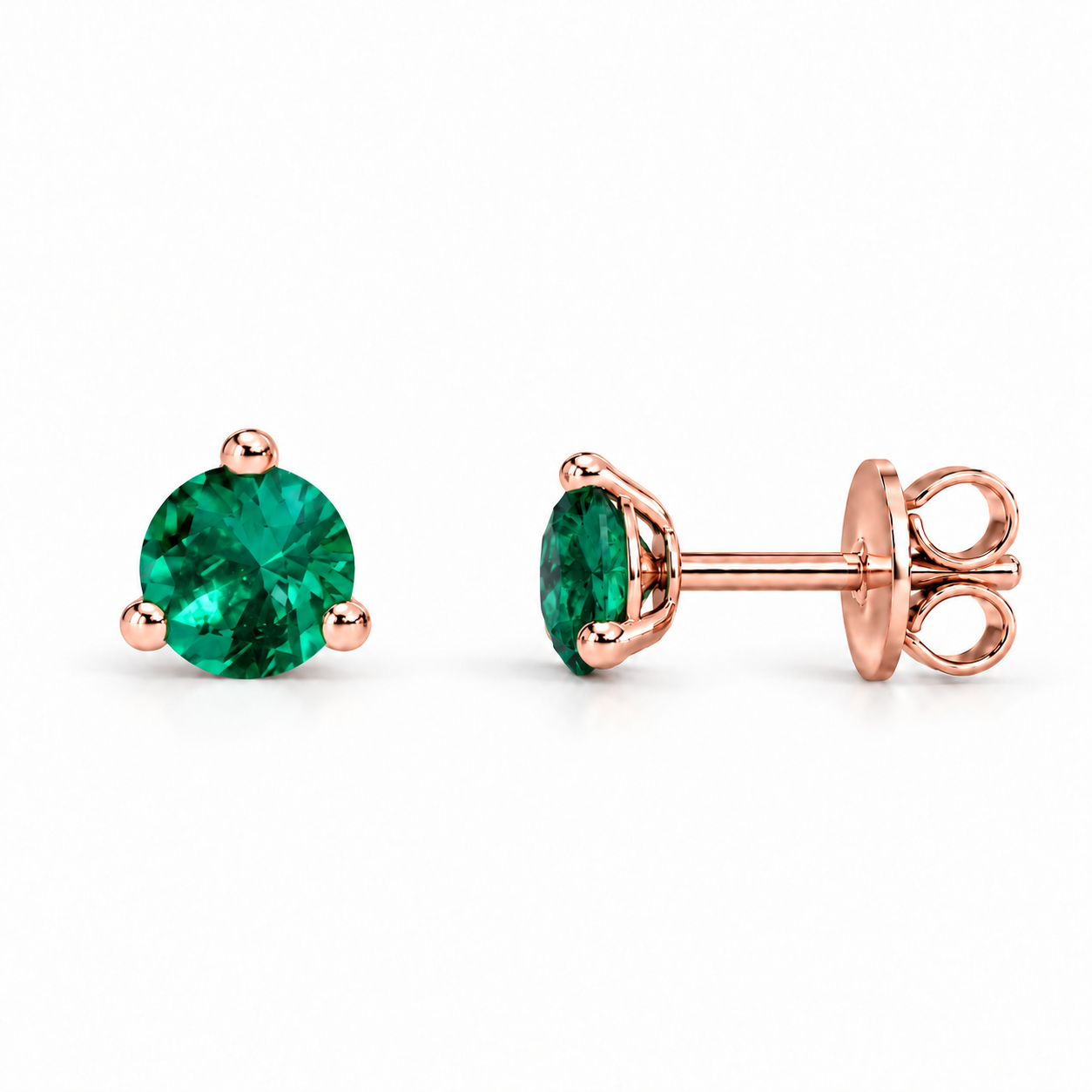 Verdant Round studs in a rose-colour metal visualization, shown face-on and in side profile with butterfly back.