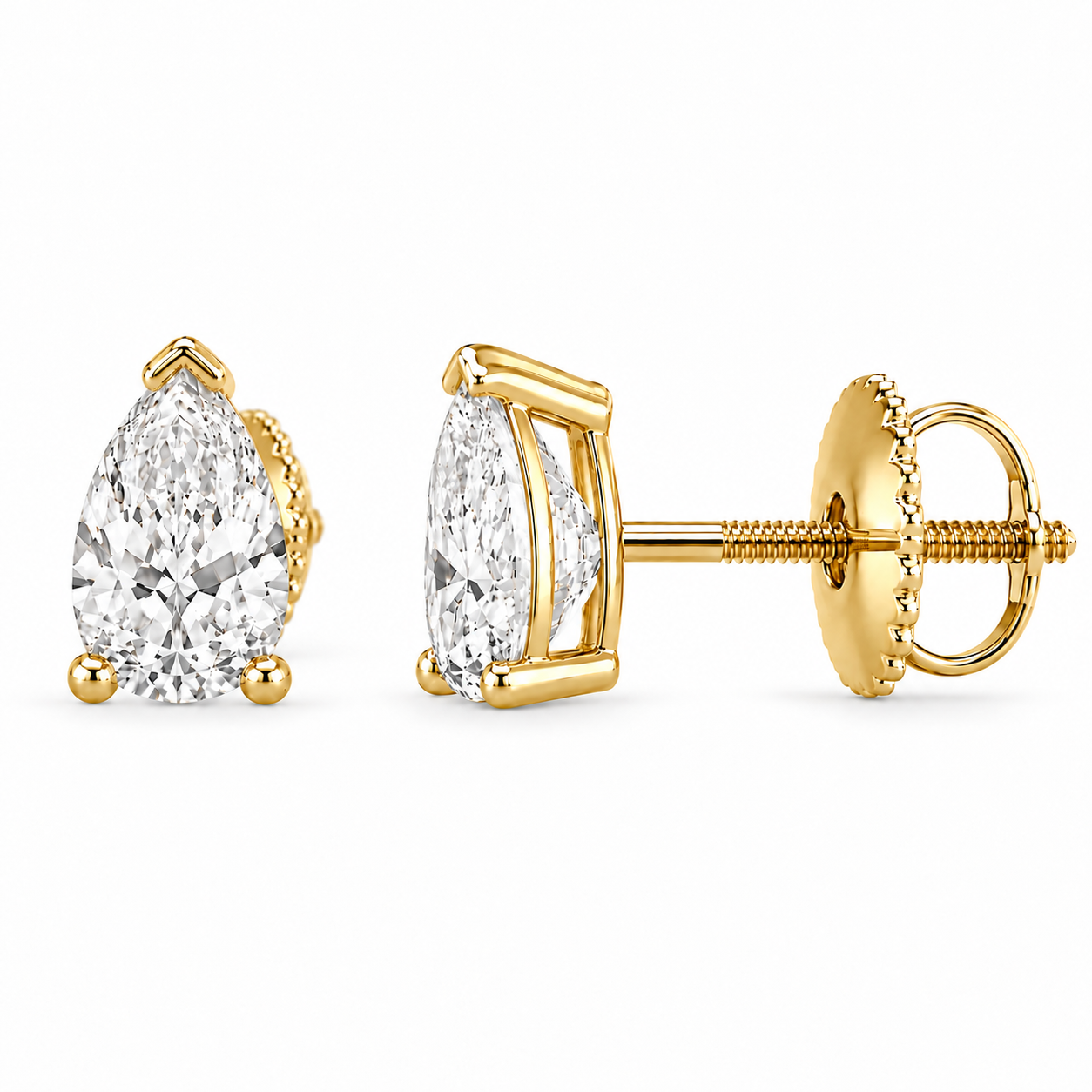 Luma Pear Studs in yellow gold, alternate angle showing the stone face, setting, post and closure