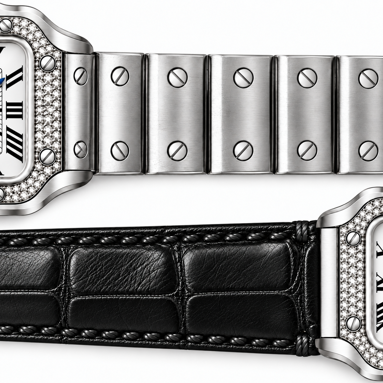 Close-up comparing the steel bracelet and black crocodile strap of the pavé Santos
