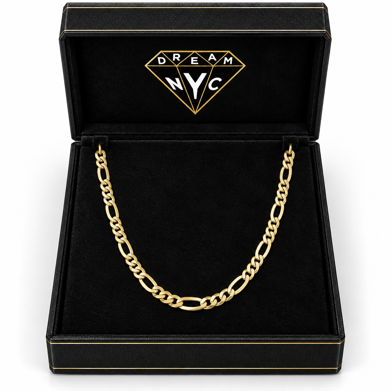 Figaro Link Necklace arranged in a black DREAM NYC necklace box, packaging concept