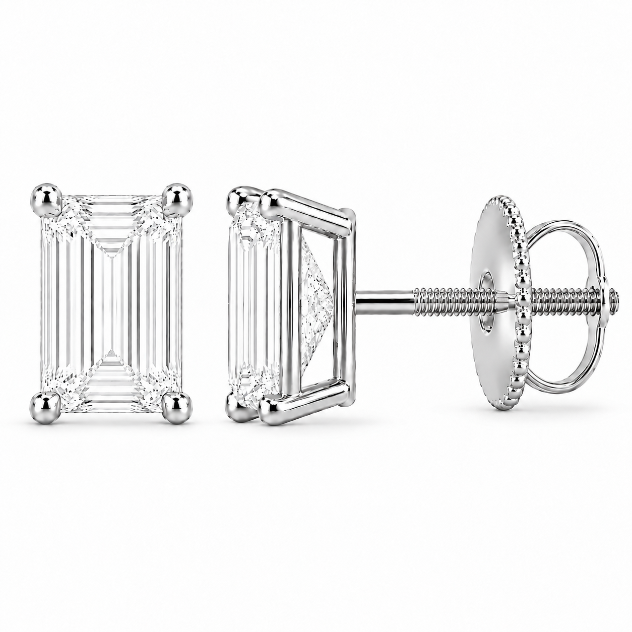 Cadence Emerald-Cut Studs in white gold, default front and side views