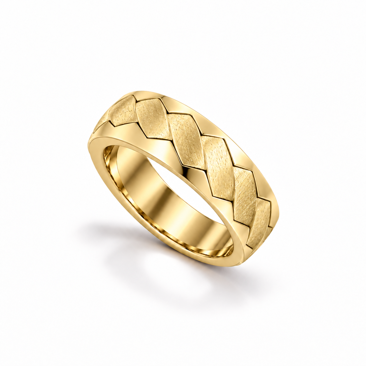 Interlace Band in yellow gold, upright three-quarter view showing brushed ribbons and polished margins.
